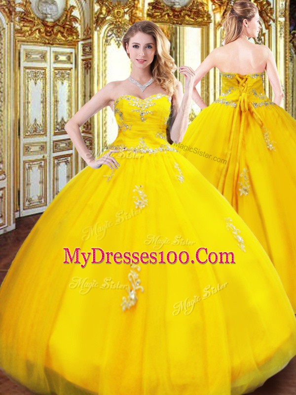 Gold Sleeveless Beading and Appliques Floor Length Quinceanera Gowns
