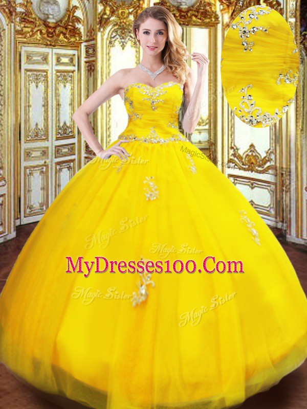 Gold Sleeveless Beading and Appliques Floor Length Quinceanera Gowns