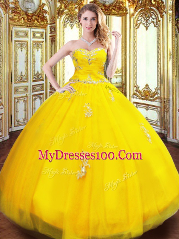 Gold Sleeveless Beading and Appliques Floor Length Quinceanera Gowns