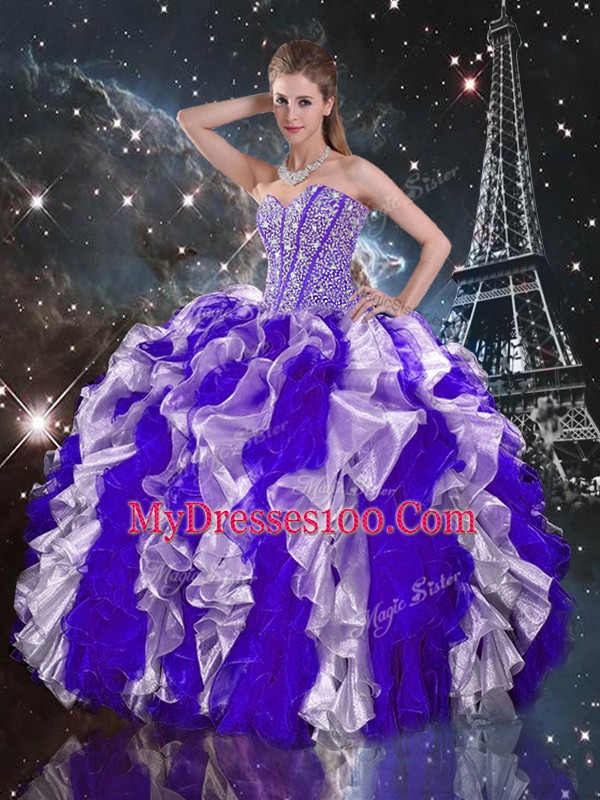Beading and Ruffles 15th Birthday Dress Multi-color Lace Up Sleeveless Floor Length