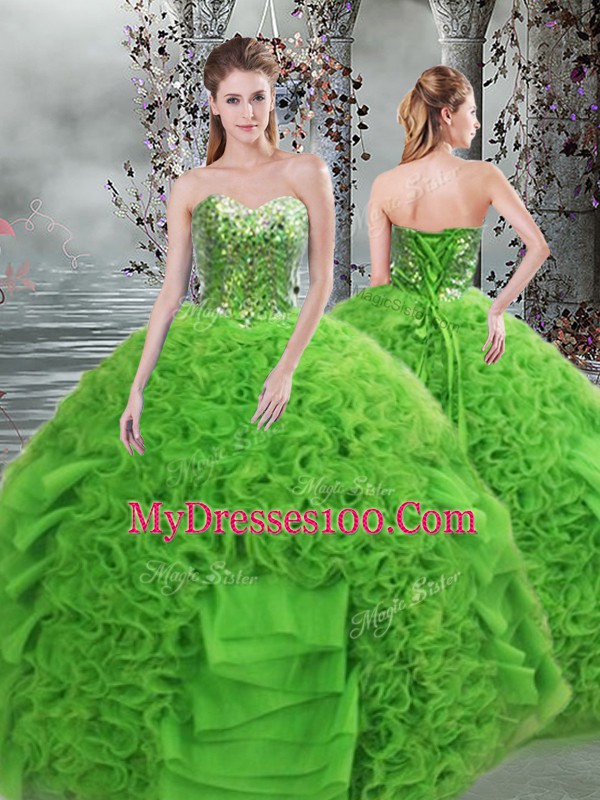 Clearance Green Ball Gowns Organza Sweetheart Sleeveless Beading and Ruffles Floor Length Lace Up Quince Ball Gowns