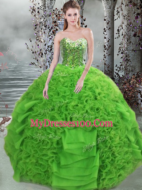 Clearance Green Ball Gowns Organza Sweetheart Sleeveless Beading and Ruffles Floor Length Lace Up Quince Ball Gowns