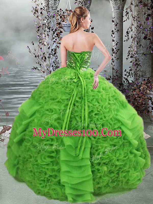 Clearance Green Ball Gowns Organza Sweetheart Sleeveless Beading and Ruffles Floor Length Lace Up Quince Ball Gowns