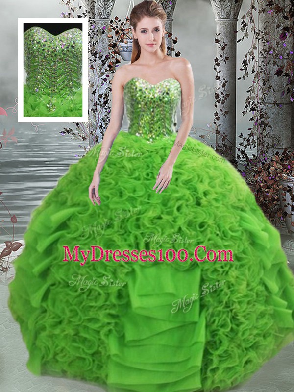 Clearance Green Ball Gowns Organza Sweetheart Sleeveless Beading and Ruffles Floor Length Lace Up Quince Ball Gowns