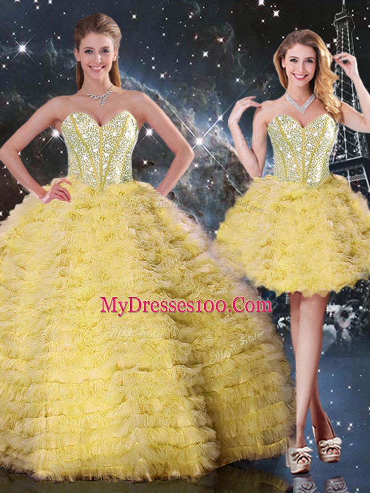 Graceful Yellow Ball Gowns Beading and Ruffled Layers Sweet 16 Dresses Lace Up Organza Sleeveless Floor Length