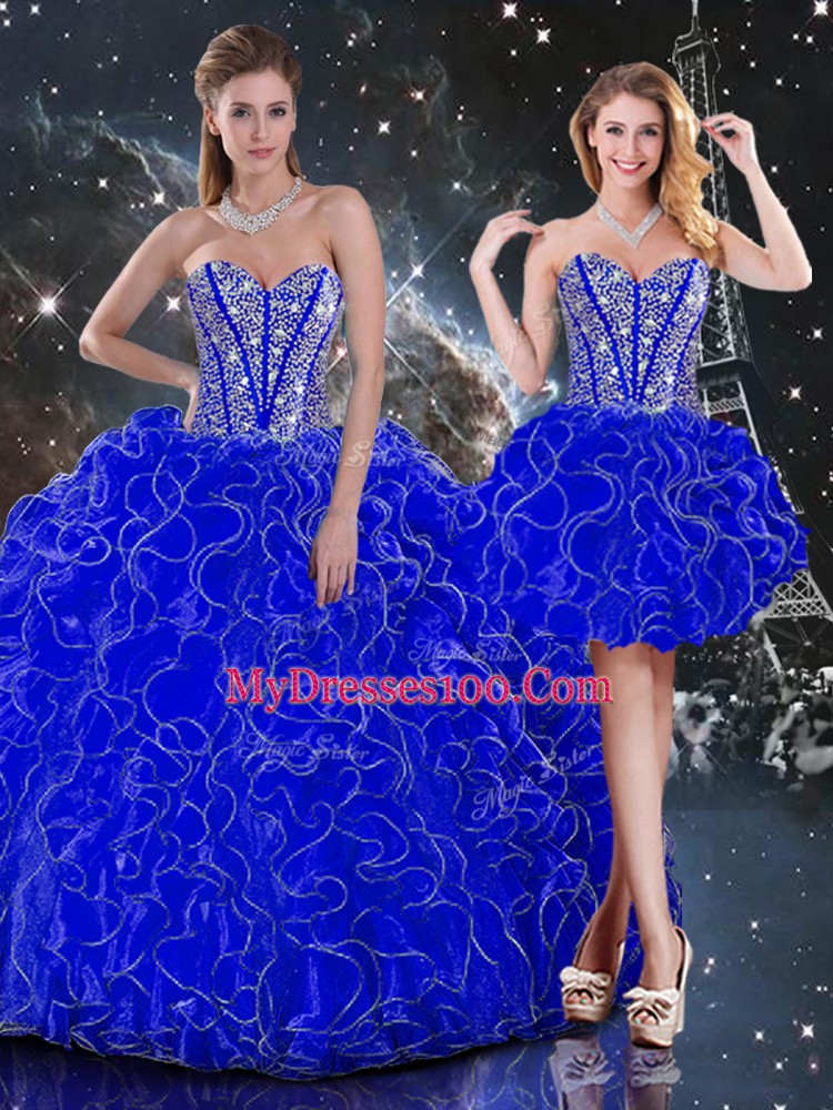 Royal Blue Sweetheart Lace Up Beading and Ruffles Vestidos de Quinceanera Sleeveless