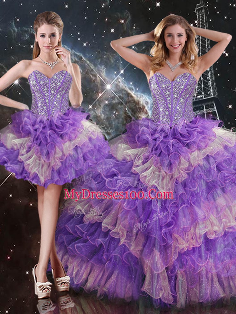 Multi-color Three Pieces Sweetheart Sleeveless Organza Floor Length Lace Up Beading and Ruffled Layers Sweet 16 Quinceanera Dress
