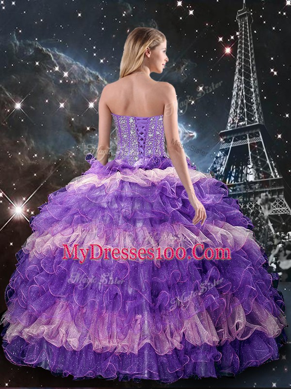 Multi-color Three Pieces Sweetheart Sleeveless Organza Floor Length Lace Up Beading and Ruffled Layers Sweet 16 Quinceanera Dress