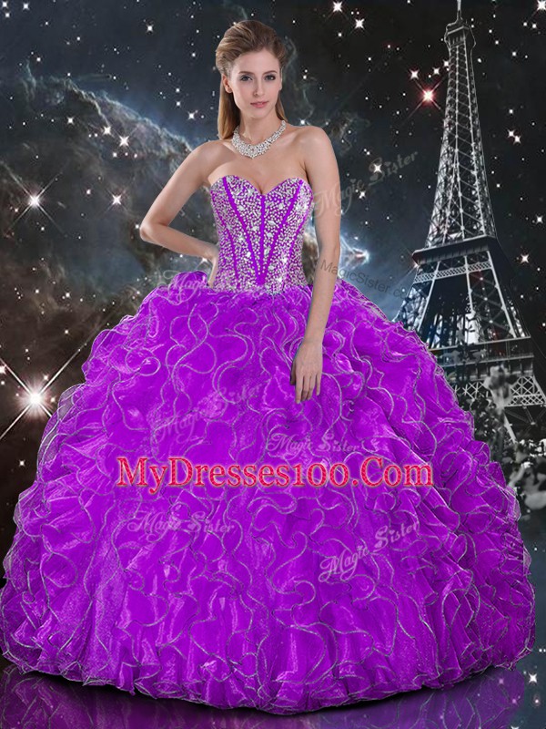 Beautiful Purple Sweetheart Neckline Beading and Ruffles 15th Birthday Dress Sleeveless Lace Up