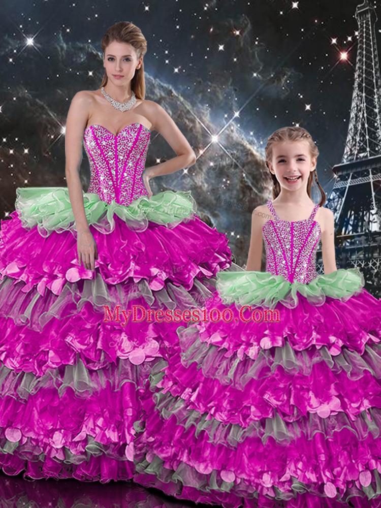 Latest Multi-color Organza Lace Up Sweetheart Sleeveless Floor Length Sweet 16 Dress Beading and Ruffles