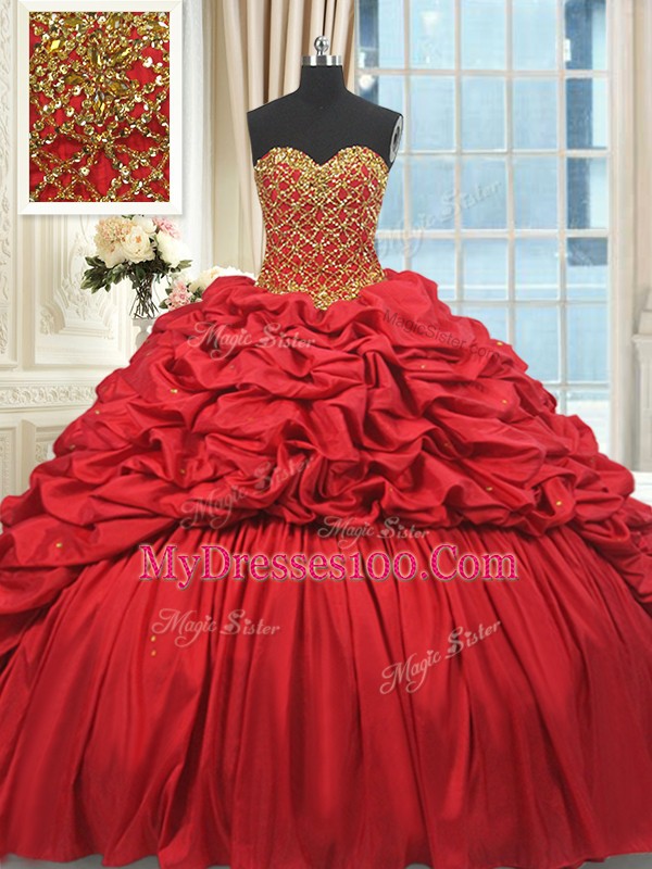 Sweetheart Sleeveless Brush Train Lace Up 15th Birthday Dress Red Taffeta