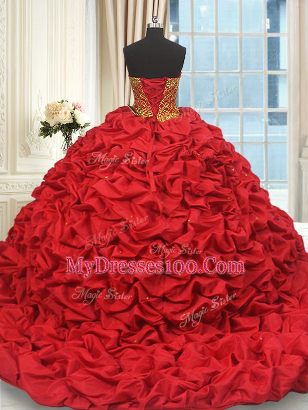 Sweetheart Sleeveless Brush Train Lace Up 15th Birthday Dress Red Taffeta
