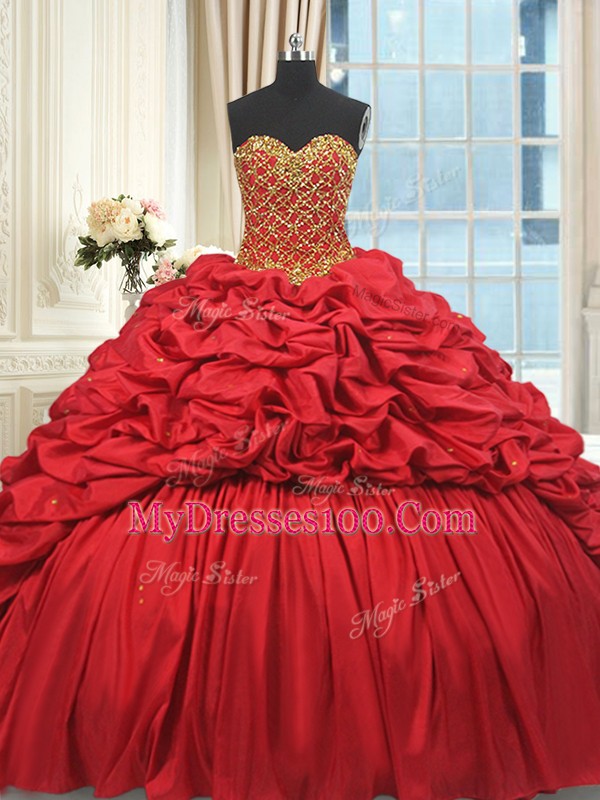 Sweetheart Sleeveless Brush Train Lace Up 15th Birthday Dress Red Taffeta