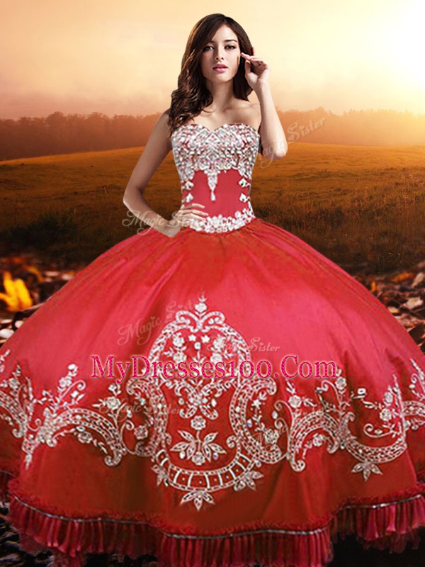 Modest Taffeta Strapless Sleeveless Lace Up Beading and Appliques and Embroidery Sweet 16 Quinceanera Dress in Coral Red
