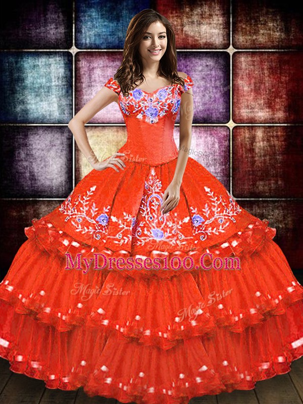 Glorious Orange Red Sleeveless Floor Length Embroidery and Ruffled Layers Lace Up Sweet 16 Dresses