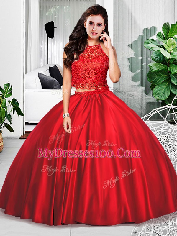 Wine Red Two Pieces Taffeta Halter Top Sleeveless Lace and Ruching Floor Length Zipper Sweet 16 Dress