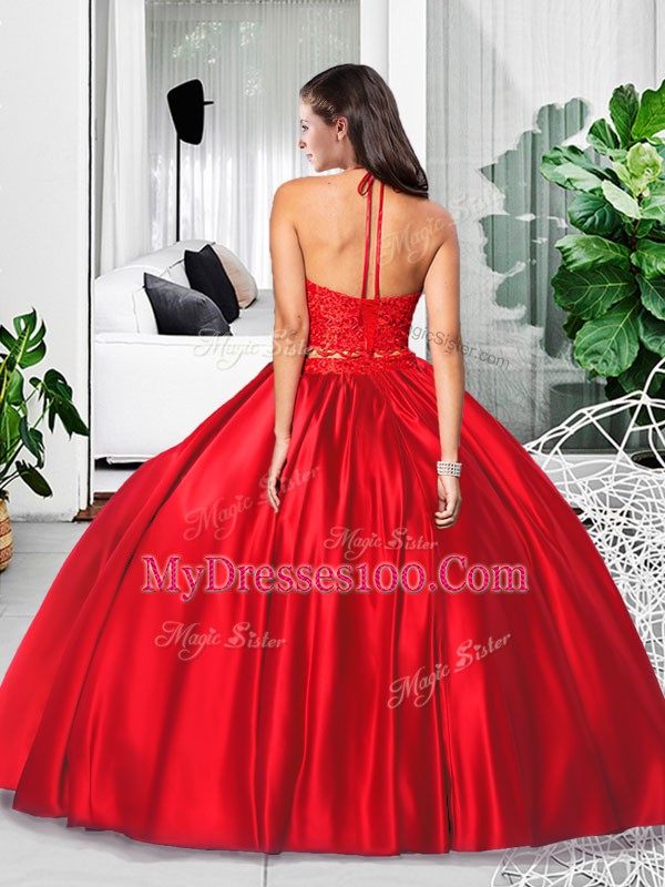Wine Red Two Pieces Taffeta Halter Top Sleeveless Lace and Ruching Floor Length Zipper Sweet 16 Dress
