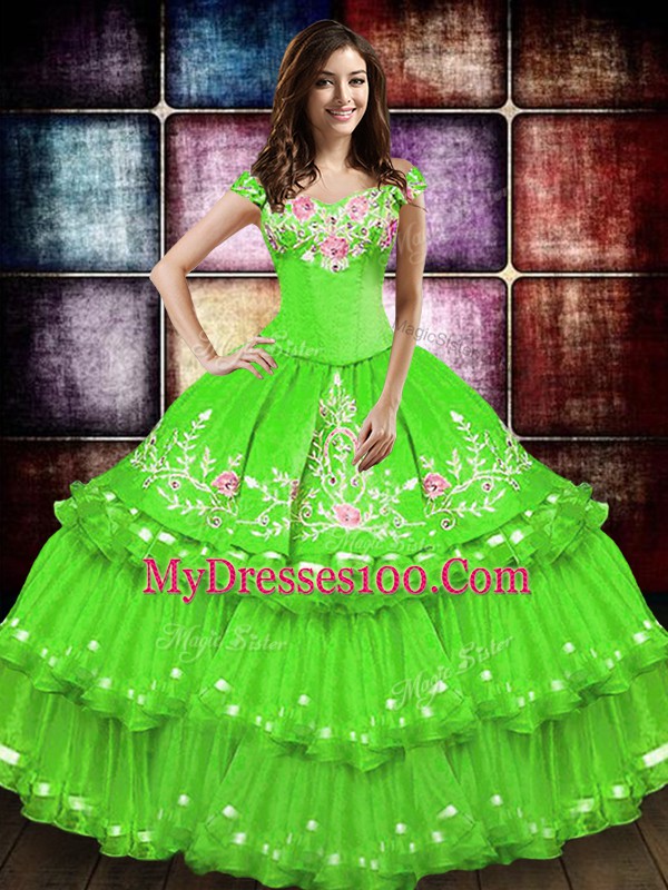 Lace Up Quinceanera Dresses Embroidery and Ruffled Layers Sleeveless Floor Length