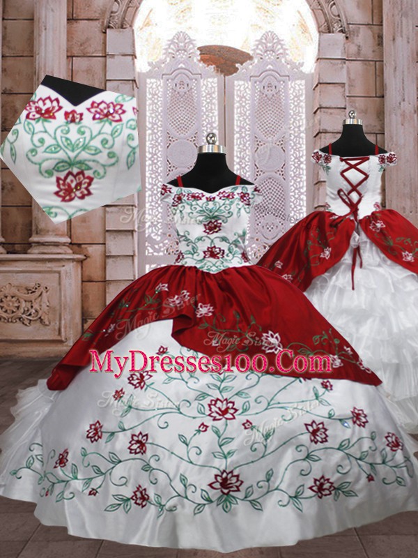 Embroidery and Ruffled Layers Kids Formal Wear White And Red Lace Up Sleeveless Floor Length