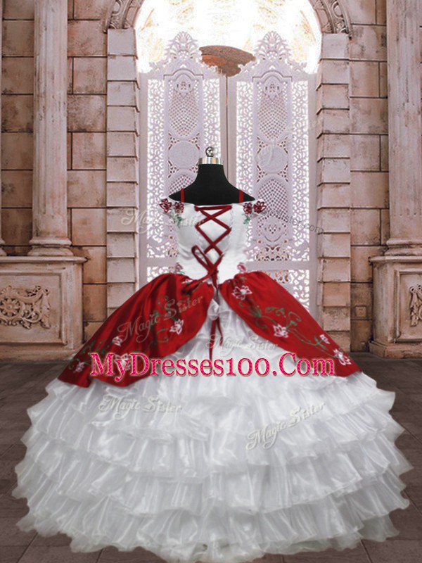 Embroidery and Ruffled Layers Kids Formal Wear White And Red Lace Up Sleeveless Floor Length