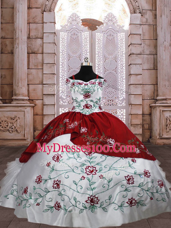 Embroidery and Ruffled Layers Kids Formal Wear White And Red Lace Up Sleeveless Floor Length