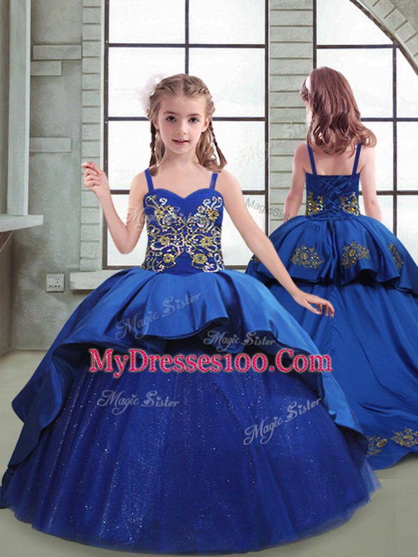 Exquisite Royal Blue Spaghetti Straps Neckline Embroidery Child Pageant Dress Sleeveless Lace Up