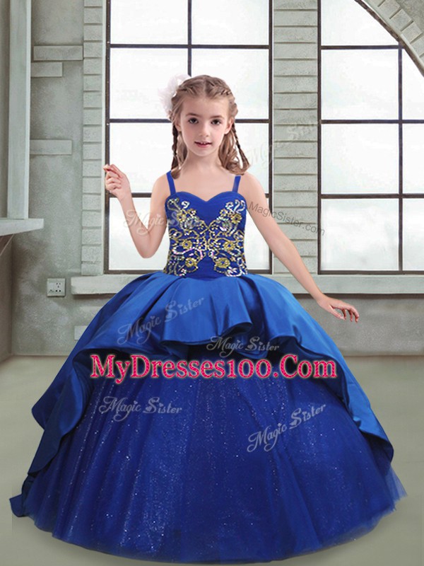 Exquisite Royal Blue Spaghetti Straps Neckline Embroidery Child Pageant Dress Sleeveless Lace Up