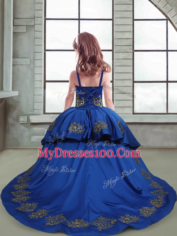 Exquisite Royal Blue Spaghetti Straps Neckline Embroidery Child Pageant Dress Sleeveless Lace Up