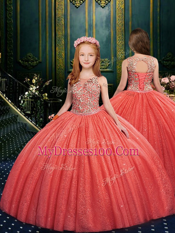 Watermelon Red Sleeveless Appliques Floor Length Kids Formal Wear