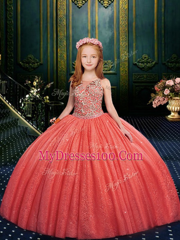 Watermelon Red Sleeveless Appliques Floor Length Kids Formal Wear