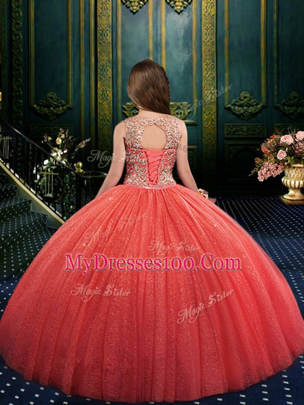 Watermelon Red Sleeveless Appliques Floor Length Kids Formal Wear
