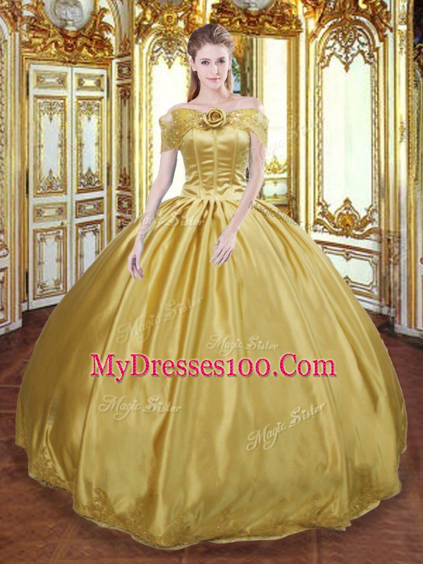 Super Sleeveless Tulle Floor Length Lace Up Vestidos de Quinceanera in Gold with Beading and Appliques and Hand Made Flower