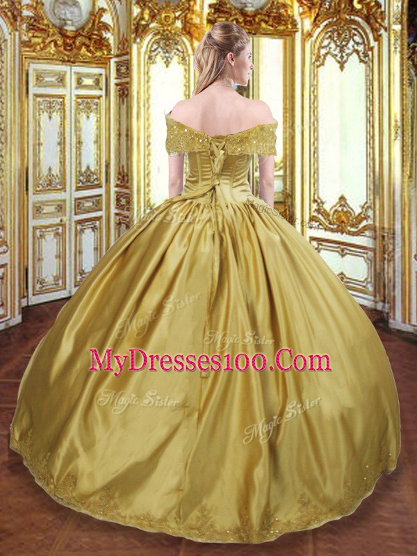 Super Sleeveless Tulle Floor Length Lace Up Vestidos de Quinceanera in Gold with Beading and Appliques and Hand Made Flower