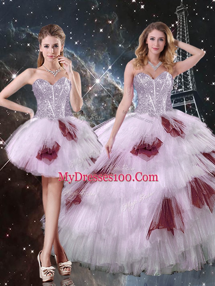 Trendy Sleeveless Tulle Floor Length Lace Up Quinceanera Gowns in Multi-color with Beading and Ruffled Layers and Sequins