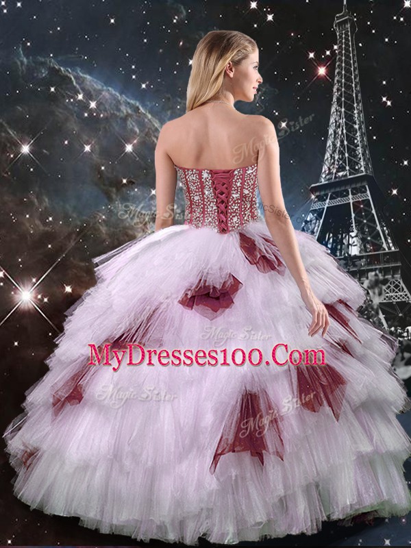 Trendy Sleeveless Tulle Floor Length Lace Up Quinceanera Gowns in Multi-color with Beading and Ruffled Layers and Sequins