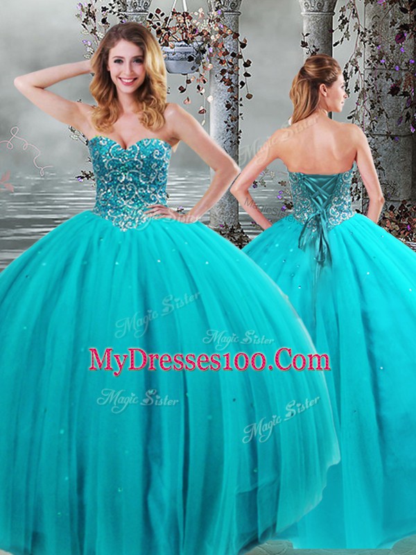 Perfect Sweetheart Sleeveless 15th Birthday Dress Floor Length Beading Aqua Blue Tulle