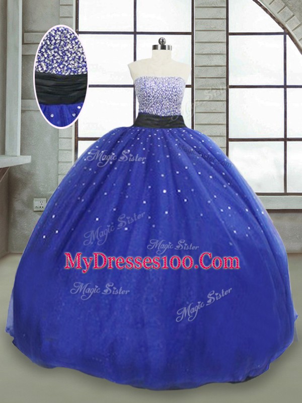 Royal Blue Tulle Lace Up Strapless Sleeveless Floor Length Quince Ball Gowns Beading and Sequins