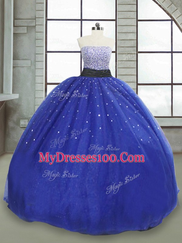 Royal Blue Tulle Lace Up Strapless Sleeveless Floor Length Quince Ball Gowns Beading and Sequins