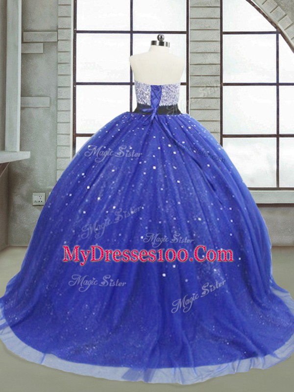 Royal Blue Tulle Lace Up Strapless Sleeveless Floor Length Quince Ball Gowns Beading and Sequins