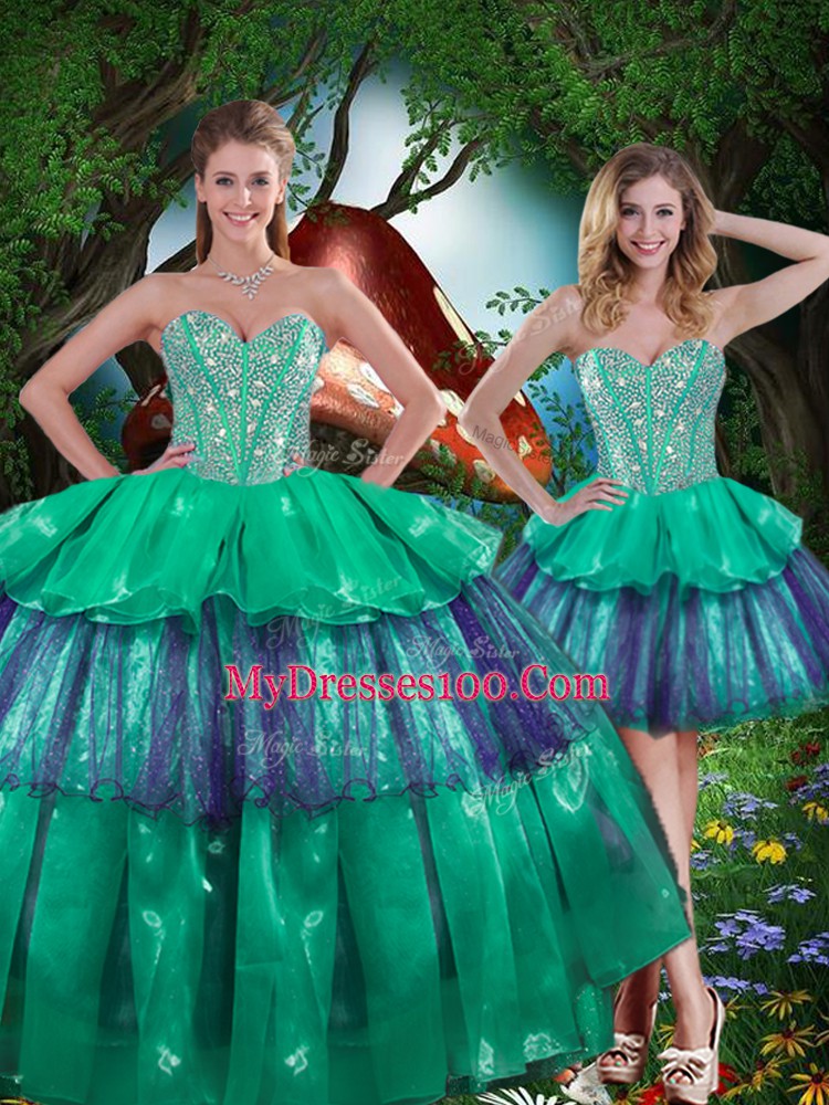 Lovely Turquoise Quince Ball Gowns Military Ball and Sweet 16 and Quinceanera with Beading and Ruffled Layers Sweetheart Sleeveless Lace Up