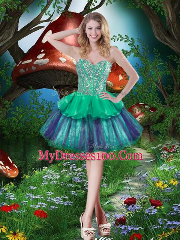 Lovely Turquoise Quince Ball Gowns Military Ball and Sweet 16 and Quinceanera with Beading and Ruffled Layers Sweetheart Sleeveless Lace Up