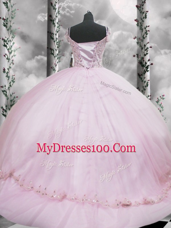 Sophisticated Brush Train Ball Gowns Quince Ball Gowns Lilac V-neck Tulle Cap Sleeves Side Zipper