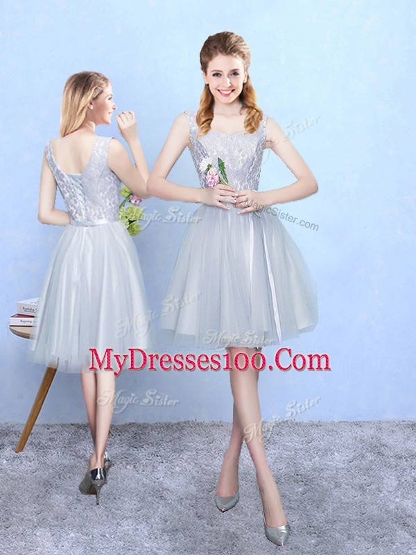 Sleeveless Tulle Knee Length Lace Up Damas Dress in Silver with Lace