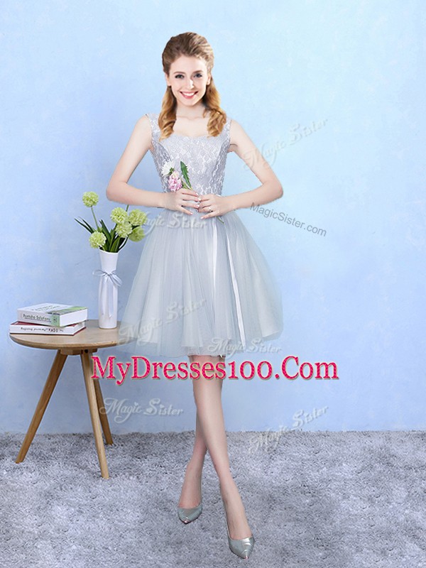 Sleeveless Tulle Knee Length Lace Up Damas Dress in Silver with Lace