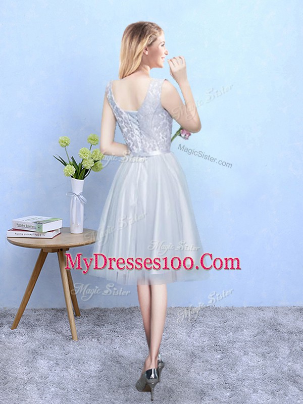 Sleeveless Tulle Knee Length Lace Up Damas Dress in Silver with Lace