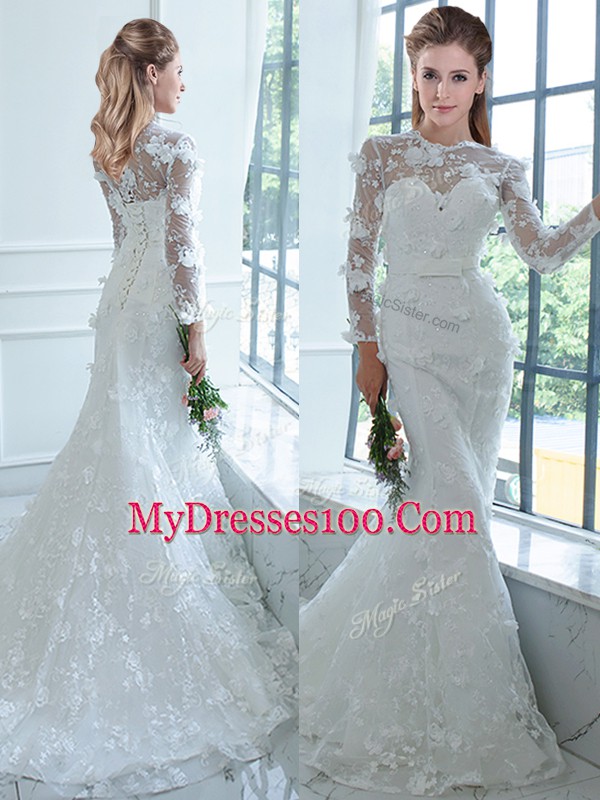 Perfect High-neck Long Sleeves Brush Train Lace Up Wedding Dress White Lace