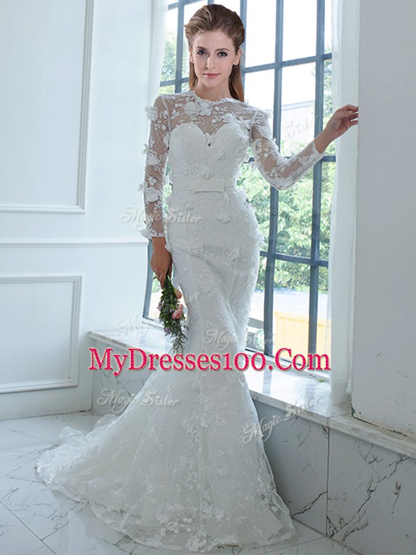 Perfect High-neck Long Sleeves Brush Train Lace Up Wedding Dress White Lace