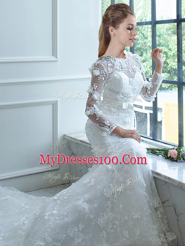 Perfect High-neck Long Sleeves Brush Train Lace Up Wedding Dress White Lace