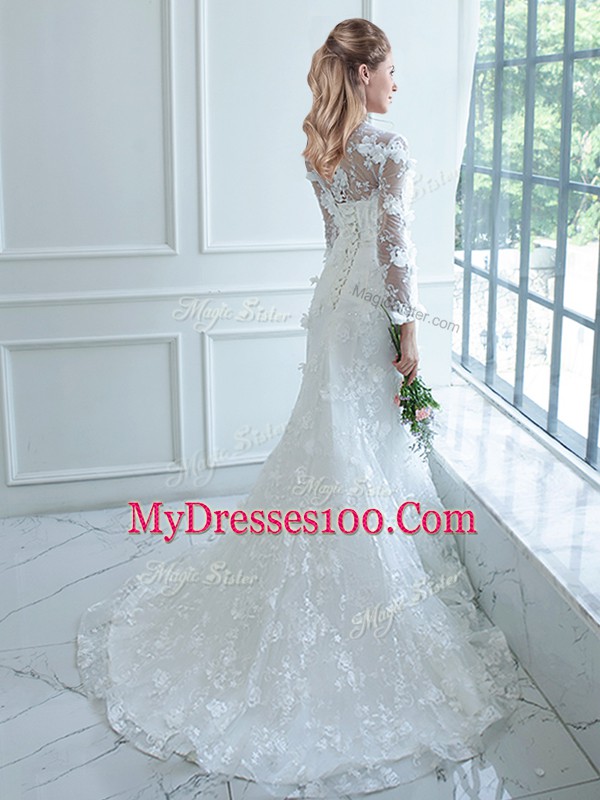 Perfect High-neck Long Sleeves Brush Train Lace Up Wedding Dress White Lace