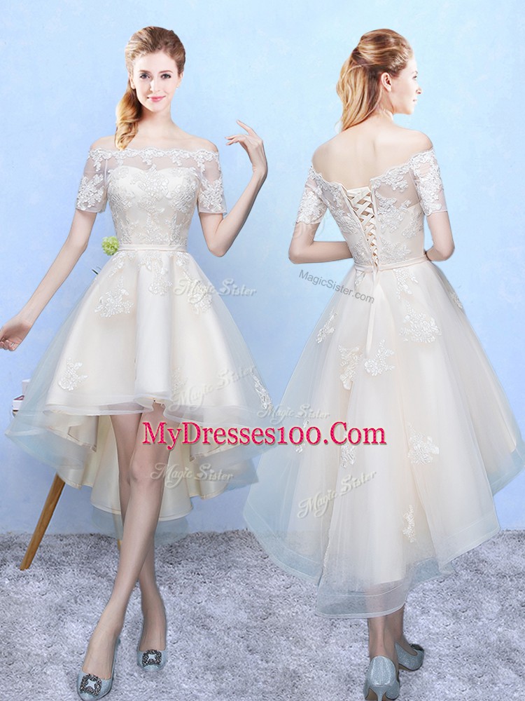 Glittering Appliques Quinceanera Court of Honor Dress White Lace Up Sleeveless High Low